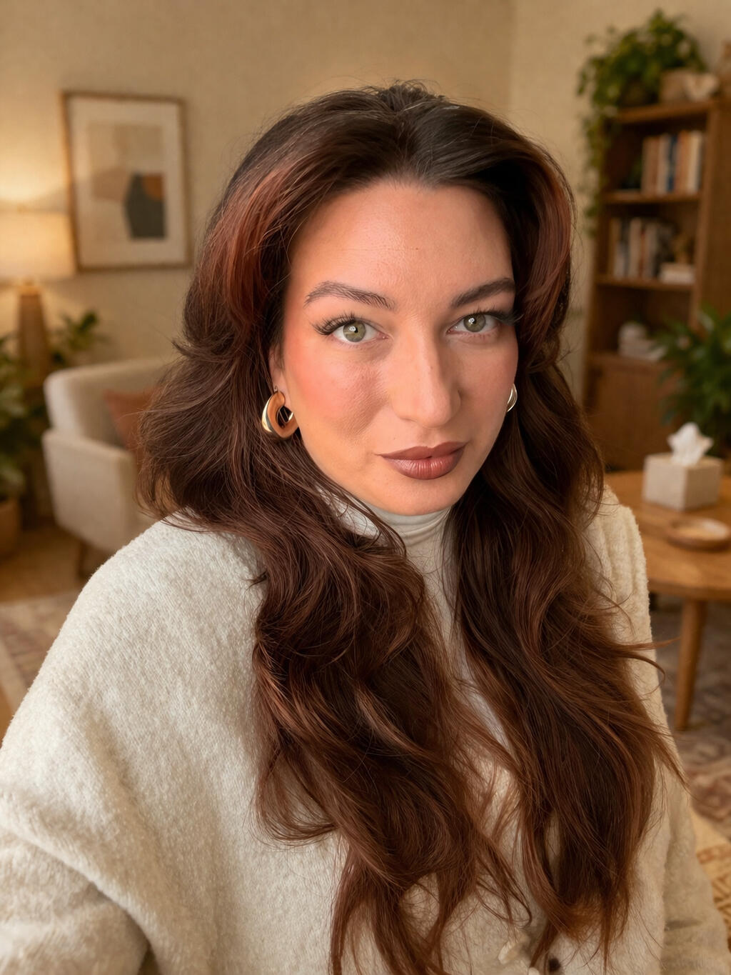 Portrait of Jaz smiling gently in front of a slightly blurred background featuring a warmly lit, cosy therapy room with plants, a bookshelf and a sofa.