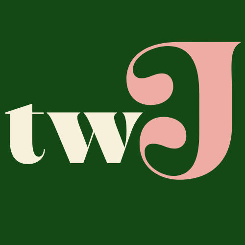 A deep, forest green square logo with the words TWJ, standing for therapy with jaz, light and pink font.